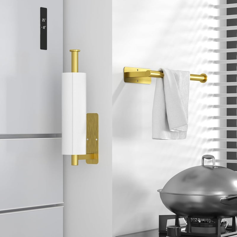 ASTOFLI Gold Paper Towel Holder Under Cabinet Mount Self Adhesive, Wall Mount Paper Towel Holder Wall Mounted Hanging Towels Holders for Kitchen - Image 2